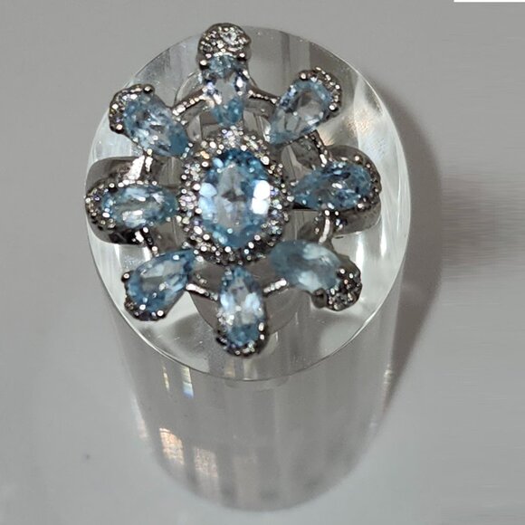 .925 Sterling Silver Snowflake Blue Topaz & Cubic Zirconia Ring Sz 6 Value $630 - Picture 2 of 7